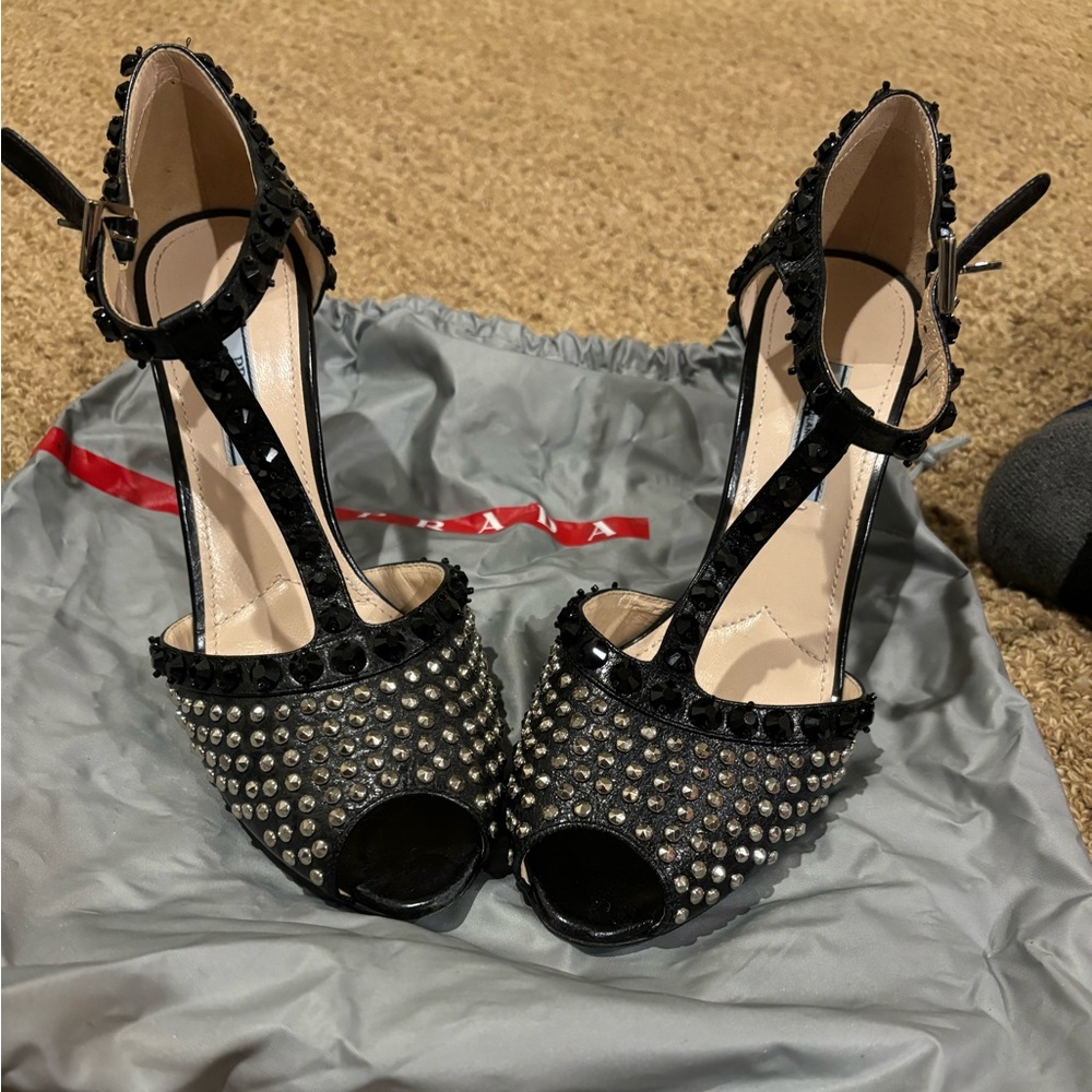 Authentic Prada Patent Leather Open Toe Studded Black Women's Heels 7.5